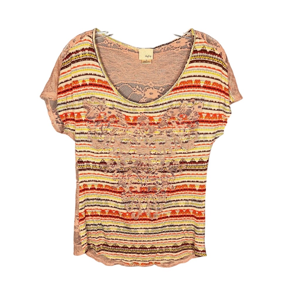 Affliction Style Y2K Boho Tribal Stripe Lace Back Bling Accented Top Pink Small